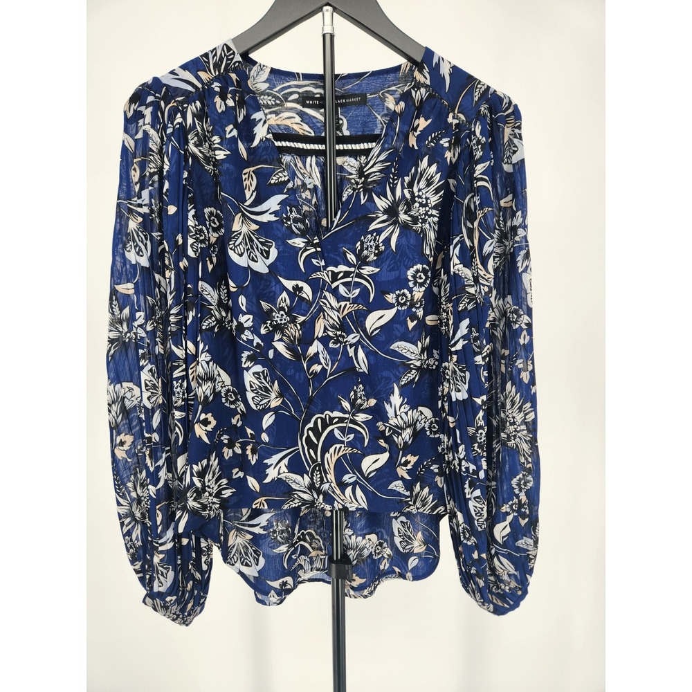White House Black Market Blue Floral V-Neck Balloon Sleeve Chiffon Blouse Size 2
